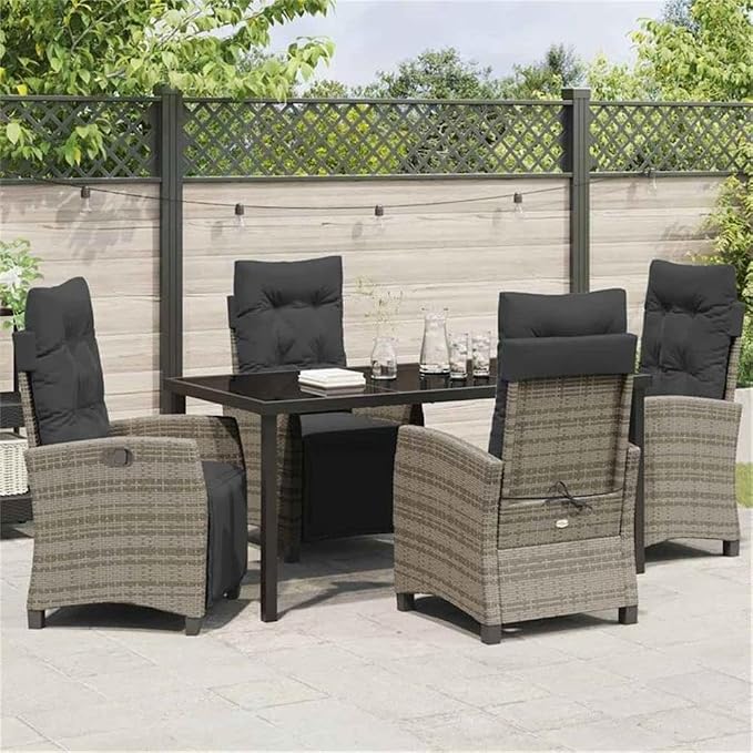 Afuera Living 5 Piece Poly Rattan Garden Dining Set, Gray Woven Texture, Steel Frame, Glass Top Table, Cushioned Chairs with Multi-Position Backrest, Modern Outdoor Furniture for Patio or Garden