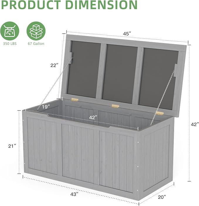 Mederlo 67 Gallon Outdoor Wooden Deck Box Solid Wood Storage Box Seat & Table Top for Patio Furniture Cushions, Pool Toys & Garden Tools