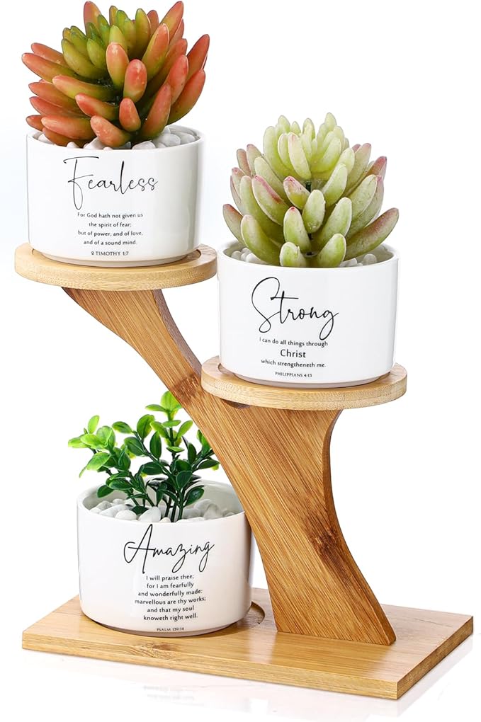 Yalikop 3 Pcs Bible Verse Succulent Pots with 3 Tier Bamboo Stand, Easy Assembly Christian Religious Gifts 3 x 2 in Inspirational Mini Ceramic Flower Planter for Mother's Father's Day Home Decor