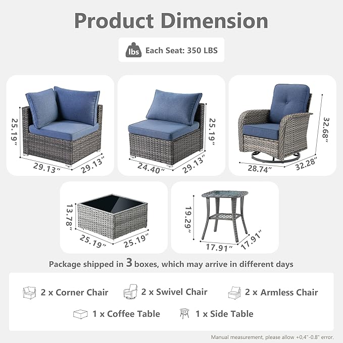 Wicker Patio Furniture Set, 8 Pieces Outdoor Sectional Sets with 6 Seats, Rattan Conversation Set with Swivel Chairs for Garden and Backyard, l Shape Couch Set
