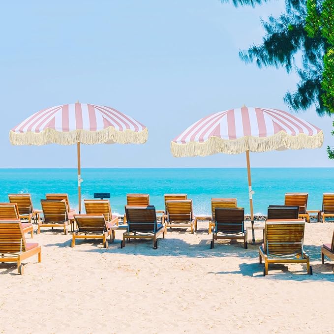 Table Umbrella Windproof 6.5ft Boho Beach Umbrella With Fringe UV50+Tassel Umbrellas Portable Outdoor Umbrella With Carry Bag Pink White Striped Patio Umbrella Tilting Wood Pole for Garden Pool