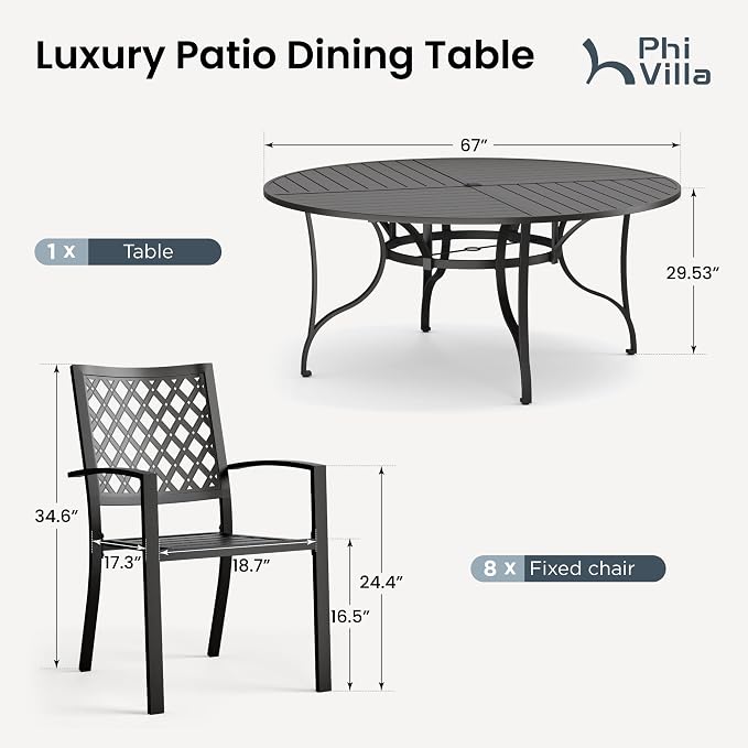 PHI VILLA 9 Pcs Outdoor Dining Set, 67" Round Table w/Umbrella Hole | Metal Round Table&Stackable Wrought Iron Chairs, All Weather Large Furniture Set for Patio, Deck, Backyard, Porch