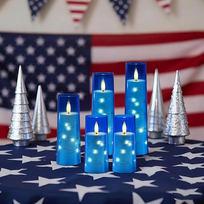 Raycare Flameless Candle with Remote Timer – 5 Flickering Acrylic Battery Operated LED Pillar Candles with Embedded Star String for Christmas, Home Decor, and as a Gift(Blue)