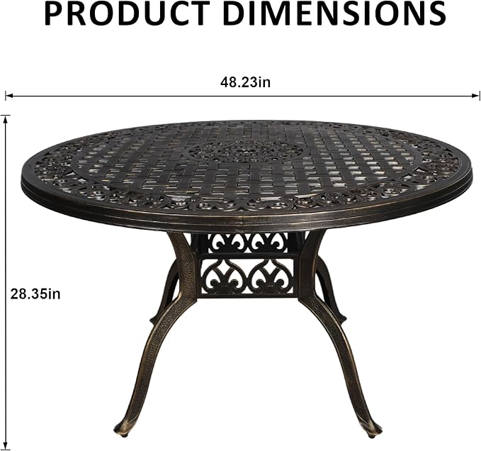 Outdoor Dining Table for 4-6 Person, 48.23" Cast Aluminum Patio Table with 2.36" Umbrella Hole, Outdoor Bistro Table for Backyard, Garden, Patio