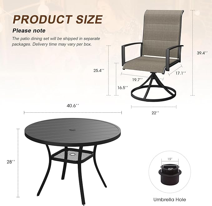 VICLLAX 5 Pieces Outdoor Dining Set, Patio Furniture Set Includes 40.6" Round Metal Table W/ 1.9" Umbrella Hole and 4 Padded Textilene Swivel Chairs for Porch, Lawn, Garden, Backyard