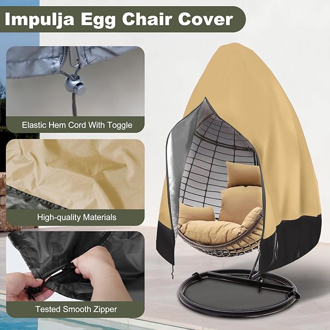 Patio Egg Chair Cover with Zipper,Outdoor Hanging Egg Chair Cover,UV Resistant,Windproof Heavy Duty,Wicker Egg Swing Chair Covers, Universal Fit Patio Hanging Chair Protector,Khaki