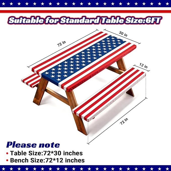 NUOLAN 6FT American Flag Picnic Table Cover with Bench Covers Set 250th Anniversary 4th of July Windproof Waterproof Fitted Tablecloth with Elastic for Patriotic Outdoor Decor Camping