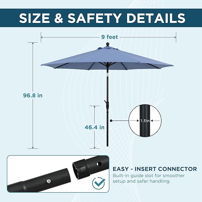 9FT Outdoor Patio Umbrella with Crank Lift & Auto Tilt - Market Umbrella, 8 Heavy-Duty Ribs, UV Resistant & Water-Repellent for Garden, Deck, Poolside & Backyard