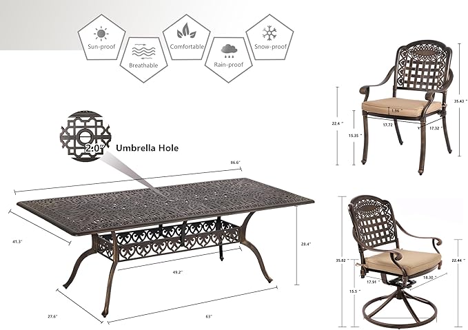 Grepatio 9 Piece Cast Aluminum Patio Furniture Set Outdoor Dining Set Bistro Furniture Set with 6&2 Swivel Chairs and Table with Umbrella Hole, 8 Cushions for Backyard Garden Poolside (Grid Khaki)