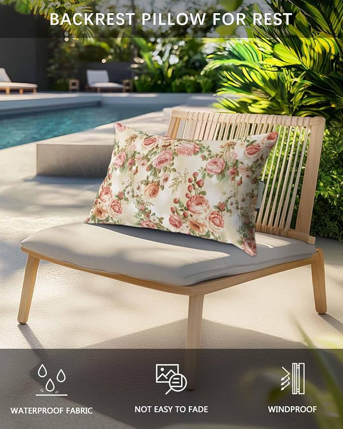 Outdoor Pillows Covers with Inserts Flowers Retro Luxury Floral and Leaf Pattern Waterproof Recliner Pillow with Adjustable Strap Throw Pillows for Patio Furniture Pool Lounge Chair, 12x20 inch, 2PCS