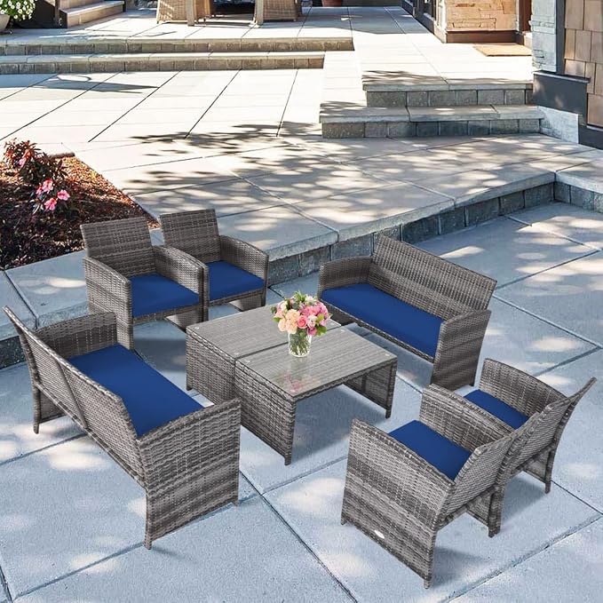 Outdoor Conversation Set, 8 Pieces Wicker Patio Chair Set with Ergonomic Curved Design, Water-Resistant Cushion & Tempered Glass Table for Balcony,Porch(Navy Blue)