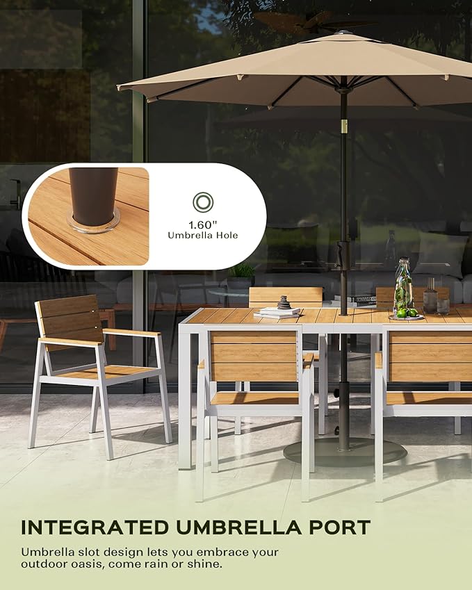 Vexwalx 5-Piece Outdoor Dining Set, Aluminum Dining Table Set for 4, Patio Table and Chairs Set with Umbrella Hole, All Weather HDPS Outdoor Table and Chairs for 4 (White-Teak)