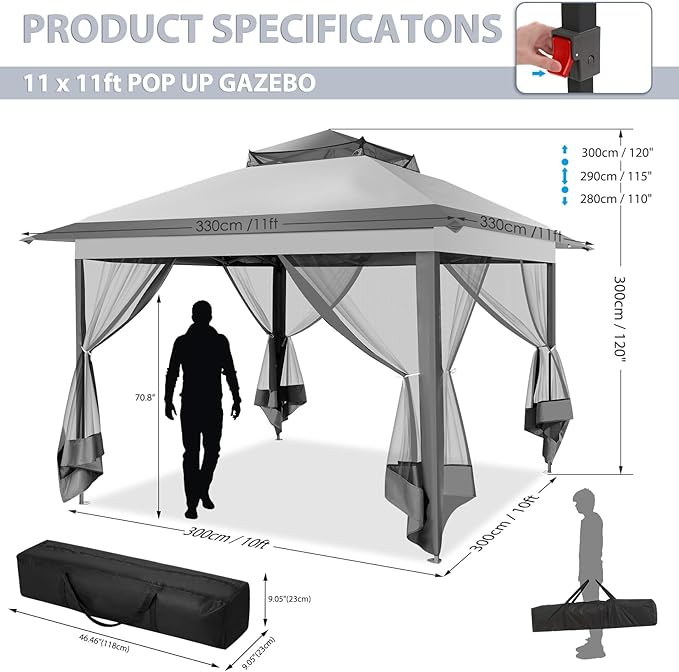 COBIZI 11x11 Pop Up Canopy One-Push Canopy Tent, Carpas para Patio, Outdoor Gazebo Shelter with Double Roof and Mosquito Net of Shade for Lawn, Garden, Backyard and Deck, Gray (Upgraded 2.0)