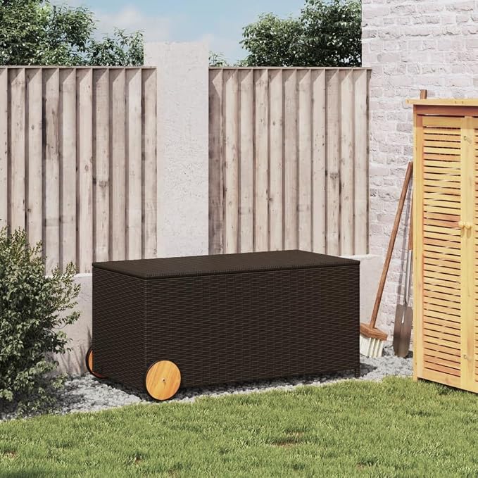 Outdoor Rattan Wicker Garden Storage Box with Wheels, Patio Deck Storage Box, Patio Storage Container for Indoor, Patio Furniture Cushions, Brown 50.2 Gal Poly Rattan,-226