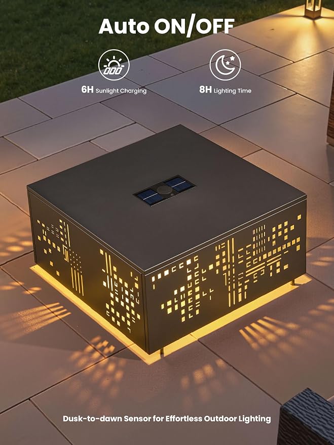 27" Outdoor Solar-Light Coffee Table with Geometric Cut-Out Design, Square Accent Coffee Table with Umbrella Hole, All Weather-Resistant Side Table for Patio, Garden, Deck, Grey