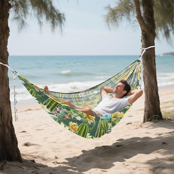 Camping Hammock Outdoor Hammocks for Outside Green Cactus Flowers Beach Trees Portable Lightweight with Pockets Tree Straps Indoor