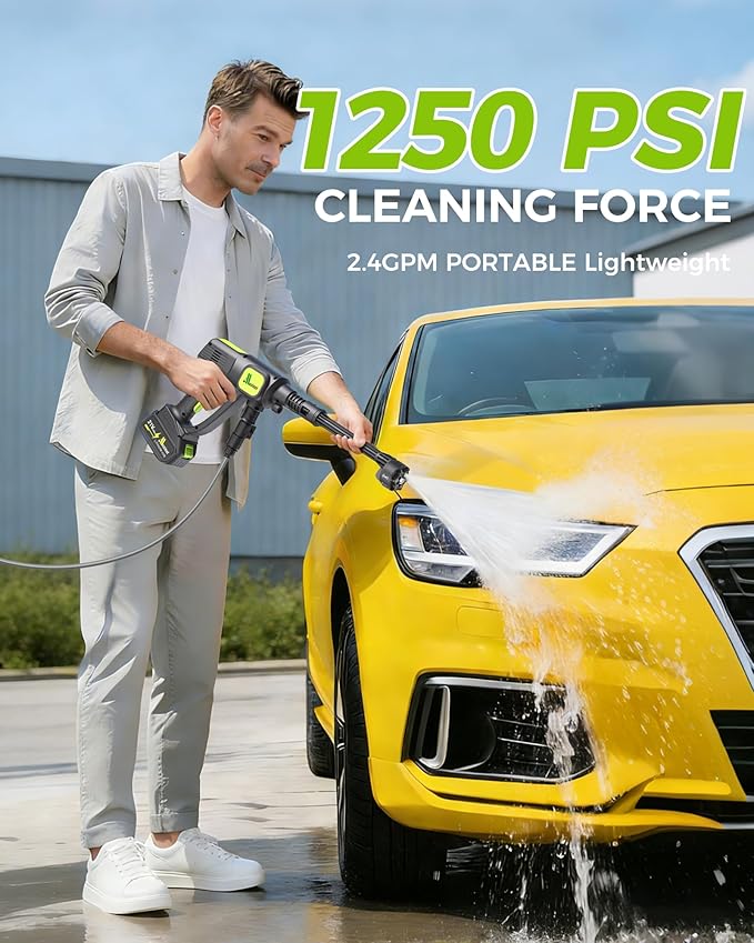 Cordless Car Washer, 1250PSI, Portable Cleaning Tool with 6-in-1 Nozzle, Self-Priming from Bucket, Hose or Tap, Battery Powered for Car, Patio & Garden Cleaning