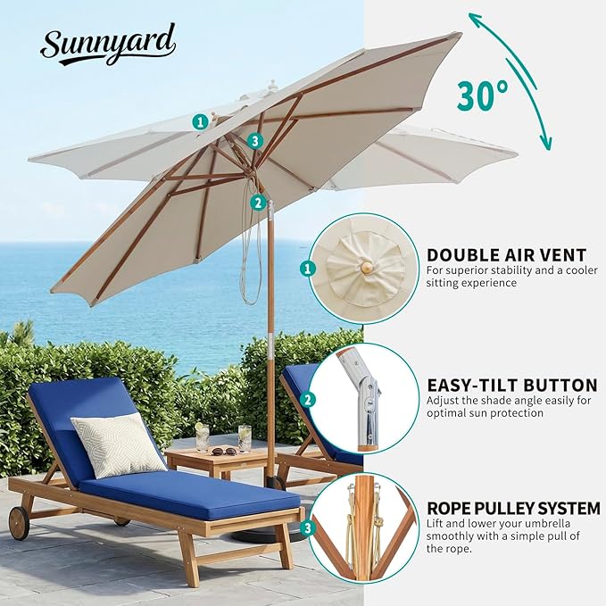 9FT/10FT Bamboo Patio Umbrella, Large Outdoor Umbrella with UPF 50+ Sun Protection, Rope Pulley Lift & Push-Button Tilt, 8-Rib Ventilated Canopy for Garden, Deck, Backyard & Outdoor Dining