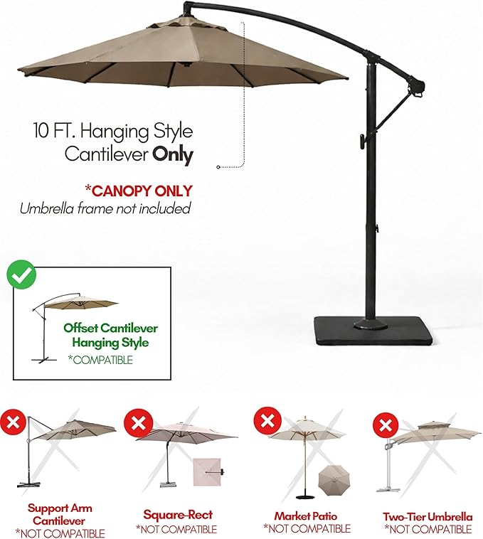 Formosa Covers Replacement Umbrella Canopy for 10ft 8 Rib Hanging Offset Cantilever Market Outdoor Patio Shades in Red Ribs Length 58" to 60" (Canopy Only)