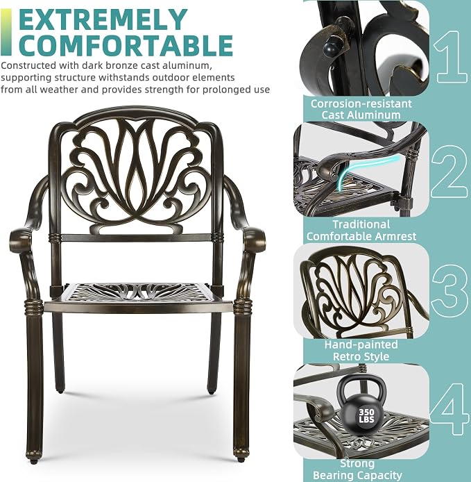 MEETWARM 5-Piece Outdoor Patio Dining Set, All-Weather Cast Aluminum Patio Conversation Set for Backyard Garden Deck with 4 Chairs and 35.4" Square Table, 2.2" Umbrella Hole