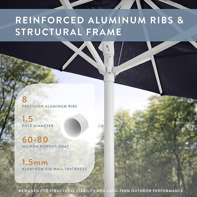 California Umbrella 10-Year Protection 9 Ft Outdoor Patio Umbrella, Pacifica Fade-Resistant Fabric, Auto-Tilt, Heavy Duty Aluminum Frame, 8 Reinforced Ribs for Pool or Deck, White Pole, Navy Blue