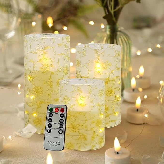 Flickering Flameless Candles, Recessed String Light LED Candles 3D Wick Acrylic Battery Operated LED Pillar Candles with Remote and Timer for Modern Simple Home Decor Set of 3(Gold Flower)