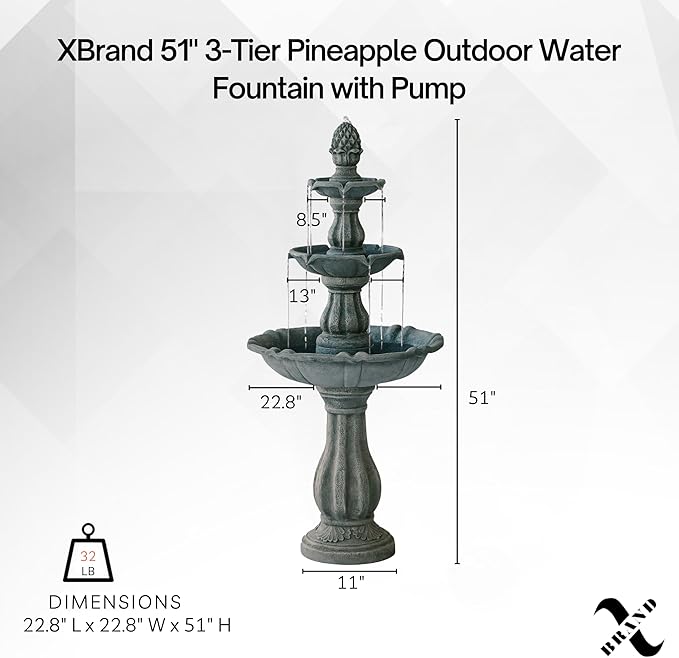 XBrand 51" 3-Tier Outdoor Waterfall Fountain, Weather-Resistant Resin Freestanding Water Feature with Pump, Gray