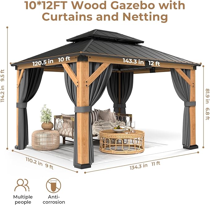 Jocoevol 10' X 12' Wood Gazebo Hardtop Outdoor Permanent Pavilion with Double Galvanized Steel Roof, Curtains and Netting, Snow Support, Wind Resistance, for Backyard Garden, Lawns, Patio