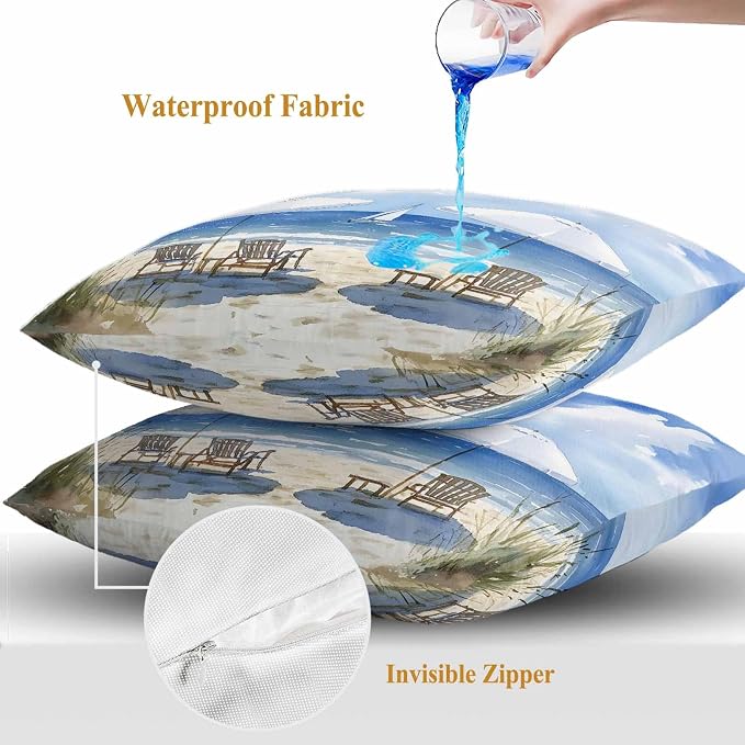 Watercolor Summer Beach Outdoor Waterproof Throw Pillow Covers Set of 2, 24"x24", Sun Umbrella Beach Chair Decorative Pillow Covers Outside Cushion Case for Patio Porch Garden