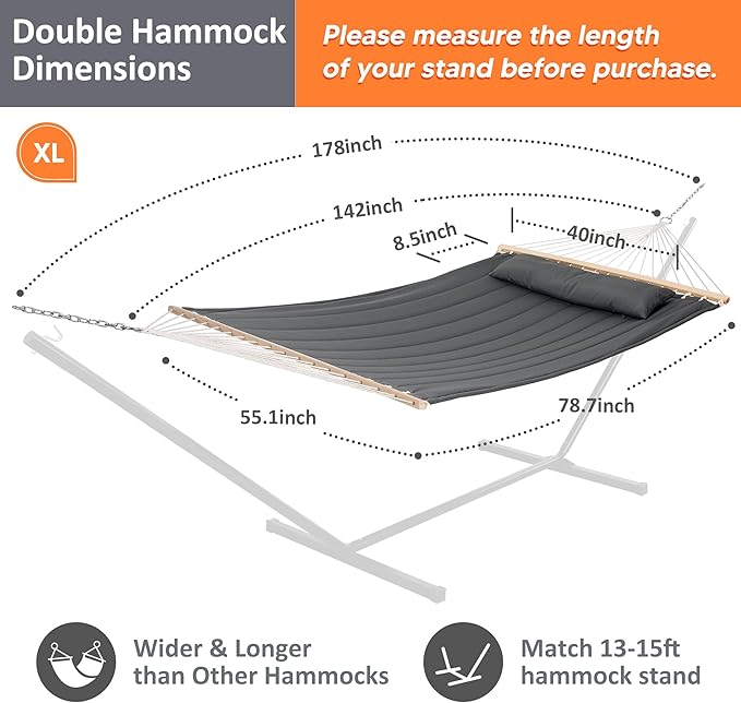 SUNCREAT Heavy Duty Hanging Tree Hammock, 475 lbs Capacity, Two Person Hammock with Large Soft Pillow, Tree Hooks, Gray