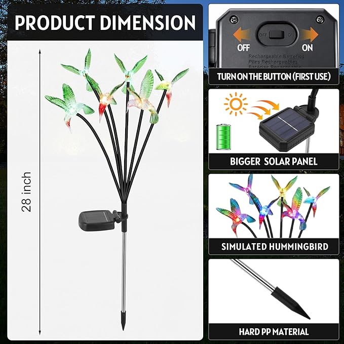 4 Pack Solar Hummingbird Lights Outdoor Garden, 6 Head Solar Swaying Pathway Stake Lights Waterproof for Yard Lawn Patio Walkway Landscape Decor