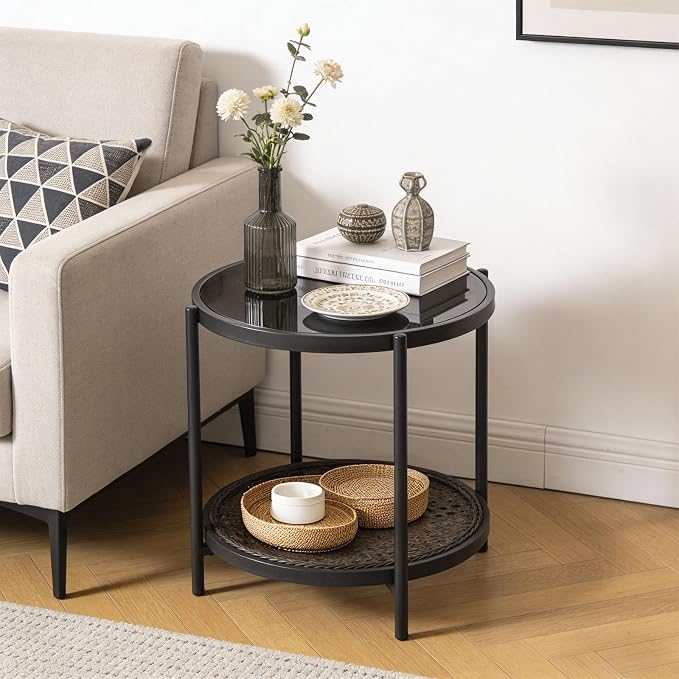 Outdoor Rattan Coffee Table - Patio Wicker End Table with Extra Storage Shelf, Rattan Outdoor Side Table with Round Glass Tabletop for Garden, Backyard, Porch, Black Gold
