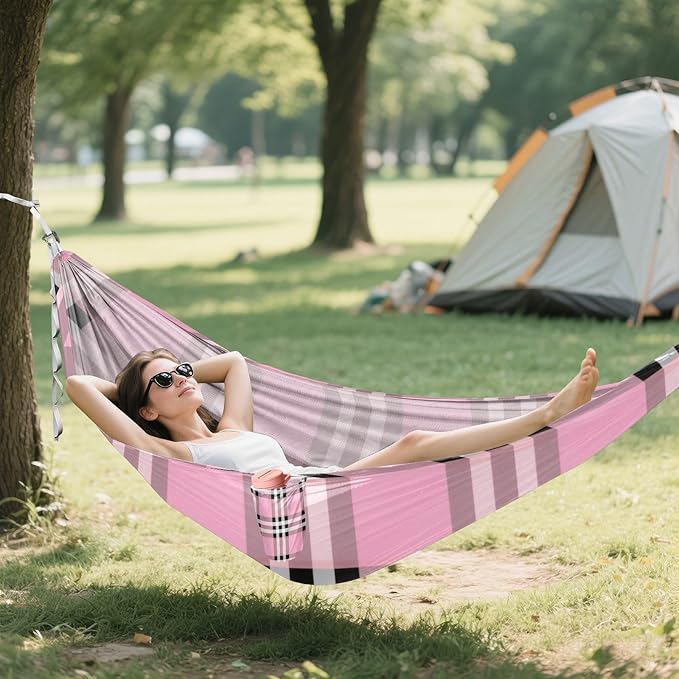 Black White Pink Checkered Plaid 330lb Capacity Camping Hammocks with Portabl Carry Bag Swing Hammock for Indoor Outdoor Patio Silla colgante para Patio Exterior