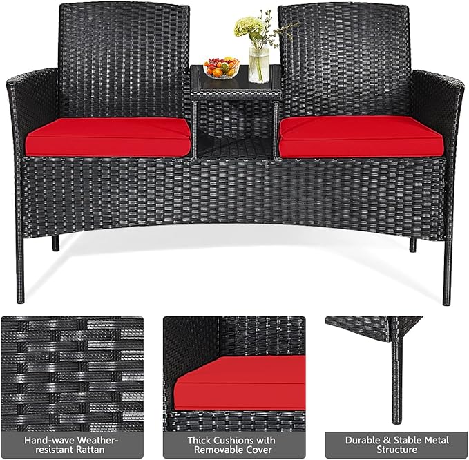 Outdoor Love Seat Wicker Patio Conversation Set, Rattan Outdoor Furniture Set with Cushion & Built-in Coffee Table, Patio Couch Outdoor Bench for Garden, Lawn, Backyard(Red)