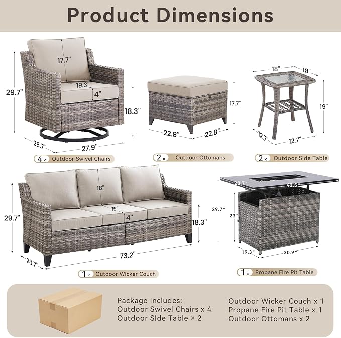 Patio Furniture Set with 42.5" Fire Pit Table-10 Pieces All Weather Wicker Outdoor Furniture with High Back Swivel Patio Chairs Set of 4 Outdoor Patio Conversation for Deck Garden Beige/Gray