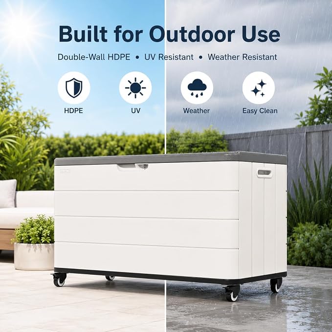 ADDOK 110 Gallon Outdoor Deck Box with Wheels, Large Waterproof Resin Storage Box with 2 Locking Casters, Lid Support Rod and Lockable Lid, Patio Cushion Storage Bench, White