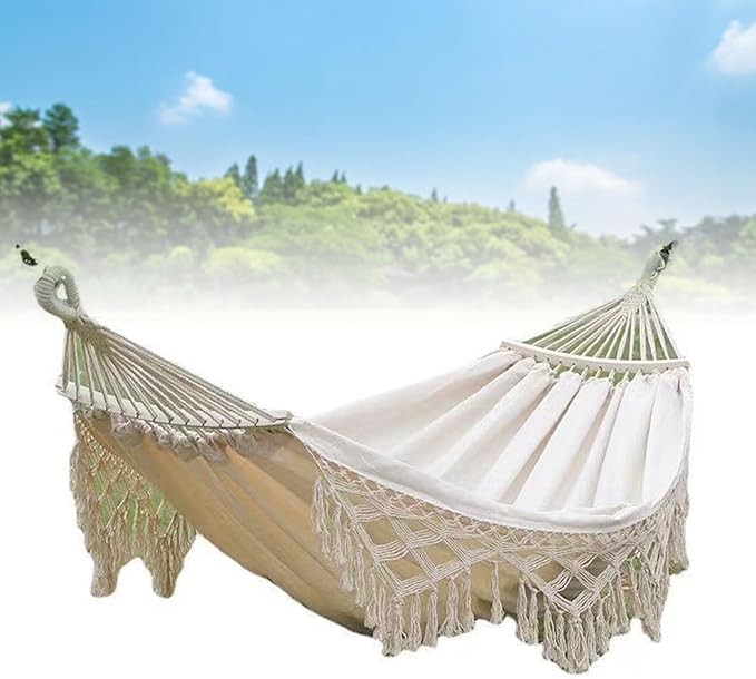 Backyard Hanging Hammock with Tassels, 500lb Load Capacity, Single Double Size 102x59in - Lightweight Foldable Outdoor Cotton - Polyester Blend for Garden, Patio, Camping Relaxat (White)