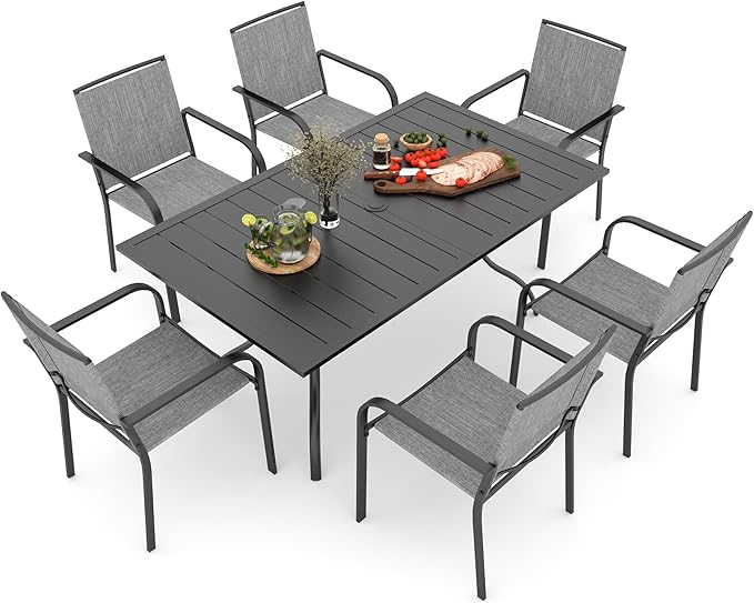 Anmutig 7-Piece Outdoor Patio Dining Set, 6 Stackable Patio Chairs & Rectangular Dining Table with All Weather Frame Furniture Set - 63" x 38" Gray