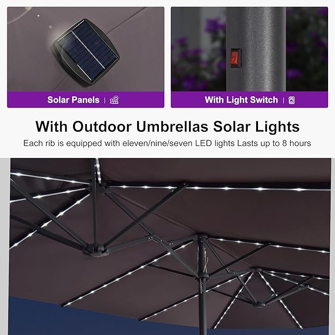 PURPLE LEAF 14ft Patio Umbrella with Solar Lights Outdoor Double-Sided Market Umbrella with Base Included Rectangle Table Umbrella for Pool Garden Backyard, Light Grey