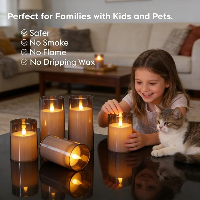 Fo32won Grey LED Flameless Pillar Candles Battery Operated with Remote Timer, 5 Pack 3D Flickering Acrylic Candles for Home Living Room Bedroom Fireplace Wedding Party Holiday Decor & Gift