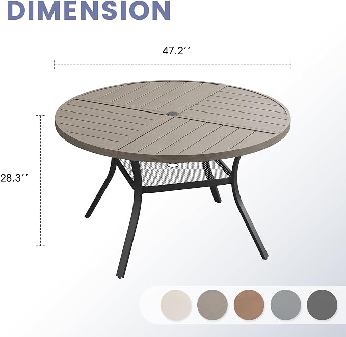 VICLLAX 47.2" Round Outdoor Table, Patio Dining Table for 6 with Umbrella Hole for Garden Lawn Deck Backyard, Antique Grey
