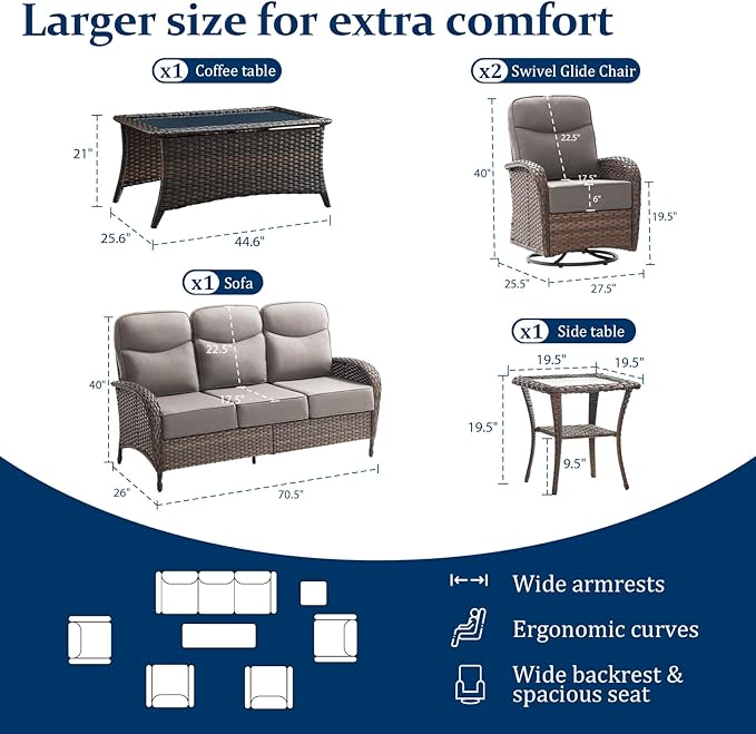 Outdoor Swivel Rocking Chair Patio Set (7-Piece), High-Back - Thick Cushion Swivel Rocking Chair Patio Set, All-Weather Wicker Patio Furniture Set, Suitable for Balcony Patios, Brown/Gery