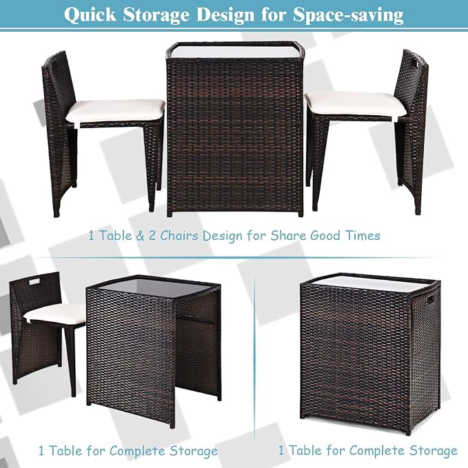 Tangkula 3 Piece Outdoor Rattan Dining Set, No Assembly Patio Bistro Set with Tempered Glass Table, Space Saving Patio Wicker Cushioned Chair Furniture Set for Courtyard, Balcony, Garden (Brown)