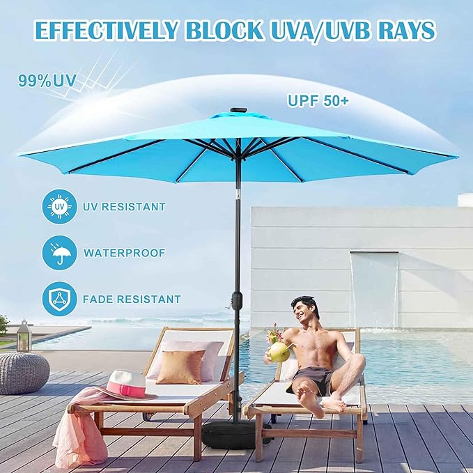 Sundale Outdoor Solar 88 LED 10 ft Patio Umbrella with Sand Bag Umbrella Base, Outdoor Umbrella with Tilt and Crank, Sky Blue