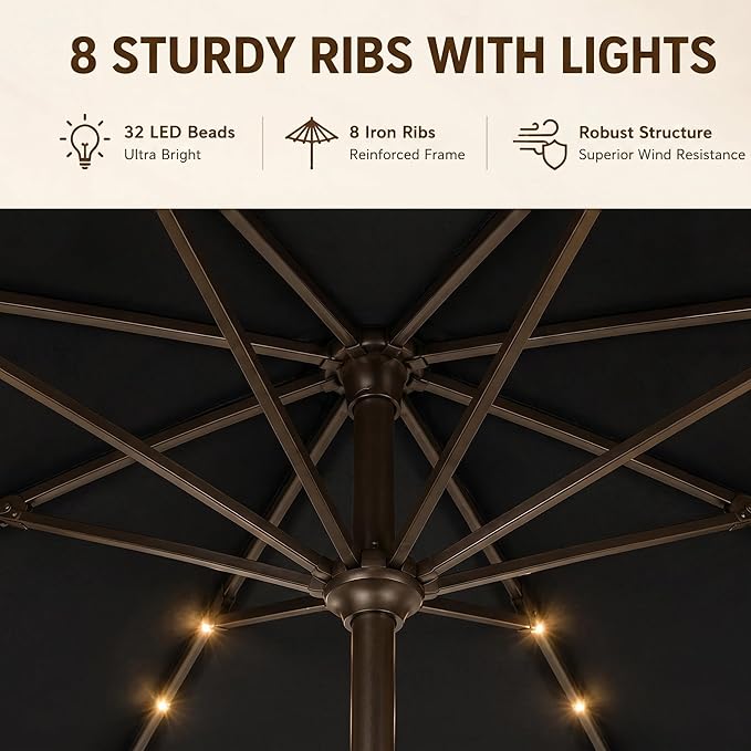 11FT Solar Lighted Patio Umbrella, Outdoor Table Market Umbrellas with Crank Lift, 32 LED Lights, 8 Sturdy Ribs, UV-Resistant for Deck, Garden, Pool