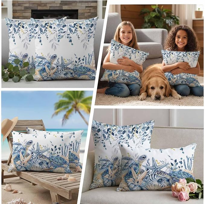 Pack of 2 Blue Turtle Coastal Outdoor Pillow Covers Decorative, Beach Coral Starfish Waterproof Pillow Protector, Nautical Sea Eucalyptus Throw Pillowcases Cushion Cases for Patio Couch Sofa 24"x24"