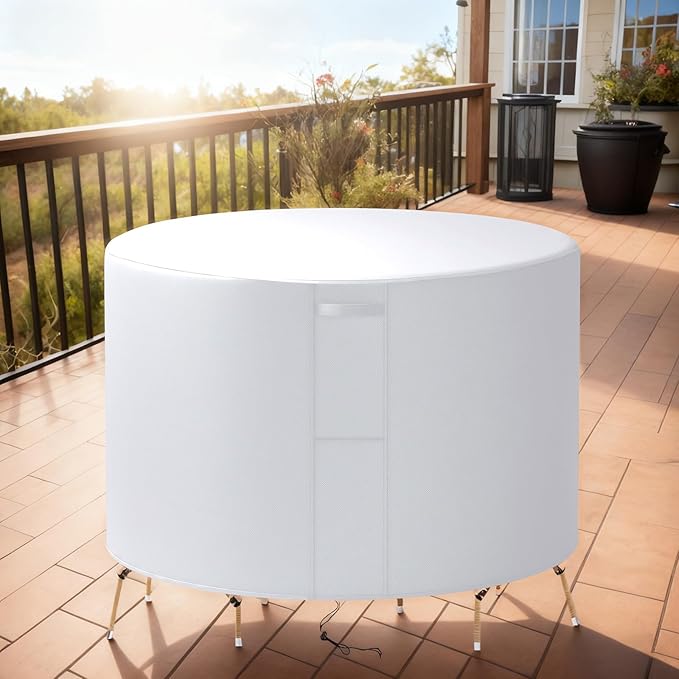 32"(D) x 12"(H) Round Outdoor Furniture Cover, Custom Heavy Duty 420D Waterproof Patio Furniture Cover with Drawstring & Buckles for Table Chair Garden, Silver