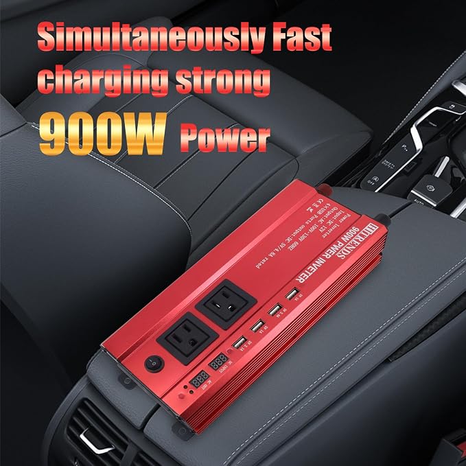 HITRENDS 900W Car Power Inverter 12V to 110V, DC to AC Converter with 4 USB Ports (24W Quick Charge) & 2 AC Outlets, for Camping, RV, Laptop, CE, FCC and ROHS Certified