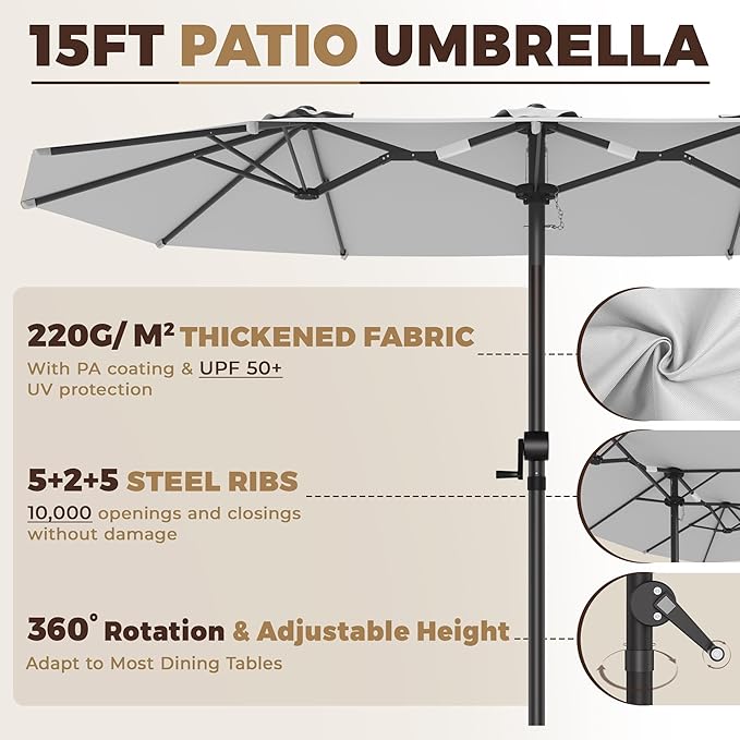 GDPFN 15FT Large Patio Umbrella, Outdoor Deck Standing Umbrella with Crank Handle, Double-Side Rectangular Pool Umbrella for Outside, Market, Patio, Light Gray (Base Not Include)