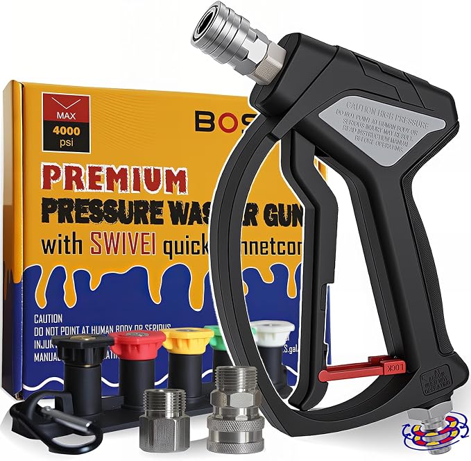 BOSEA Car Wash Swivel Gun, Pressure Washer Gun with Tips and Nozzle Holder, Nickel-Plated Real Copper Valve, Durable Swivel Gun with 3/8" Swivel Connector or M22 Adapter for Pressure Washers